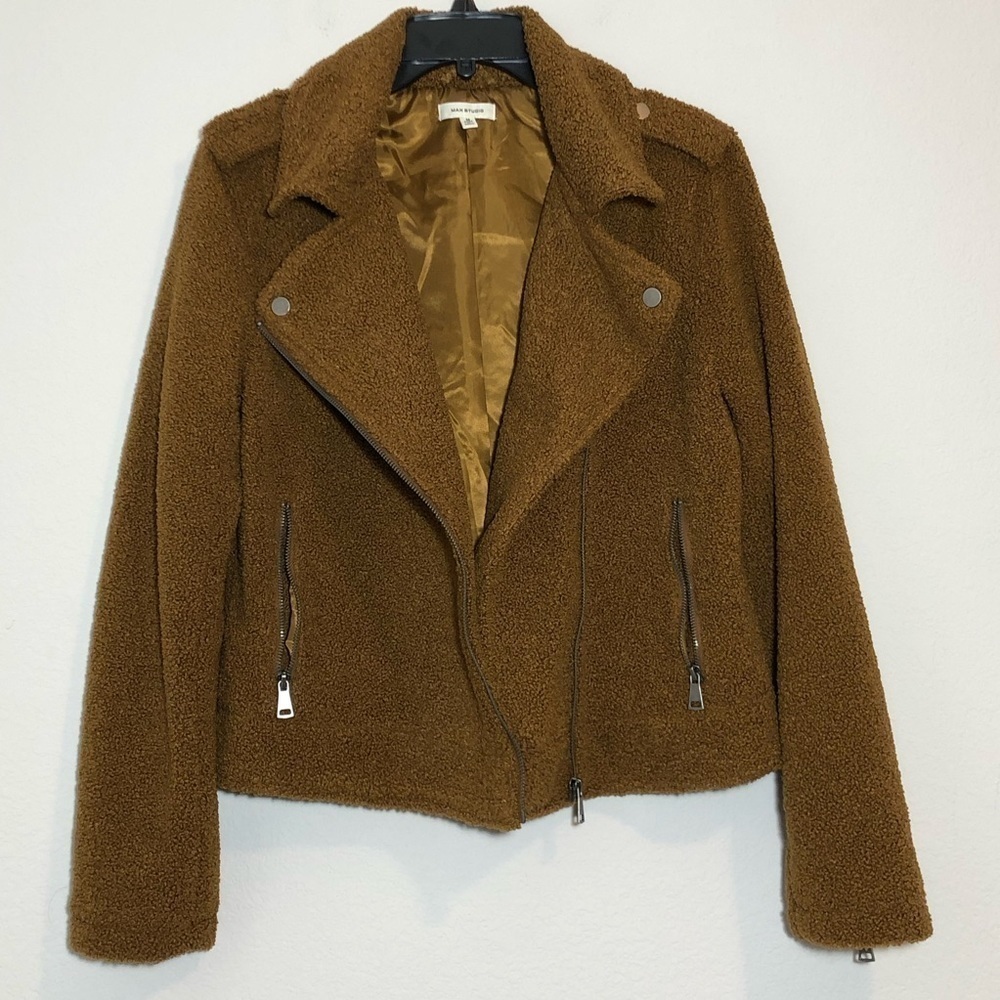 MAX STUDIO Faux Fur Cozy Asymmetrical Moto Zipper Jacket in Cognac size M - Picture 9 of 13